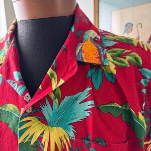Vintage RJC Hawwaian Aloha Shirt Red Loral Parrots sz L